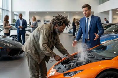 s – A homeless man in torn clothes said, “Give me one minute. I can fix that.” The billionaire laughed. Then the engine roared to life.