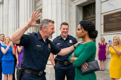s -Sergeant Dale Horvath had been on the force 28 years. He knew how to spot trouble. So when a Black woman in an emerald dress approached the VIP entrance at City Hall, he blocked her path without a second thought. “Service entrance is around back,” he said, loud enough for the guests in pearls and tailored suits to hear. “This door is for real guests only.” She held up her phone, the official invitation glowing on the screen. Her driver’s license. Her name. Camille Ashford Monroe. Horvath didn’t check the list. He didn’t call anyone inside. He looked at her skin, her dress, her quiet dignity, and decided she was lying. “Anyone can fake an email,” he said. “Get lost.”